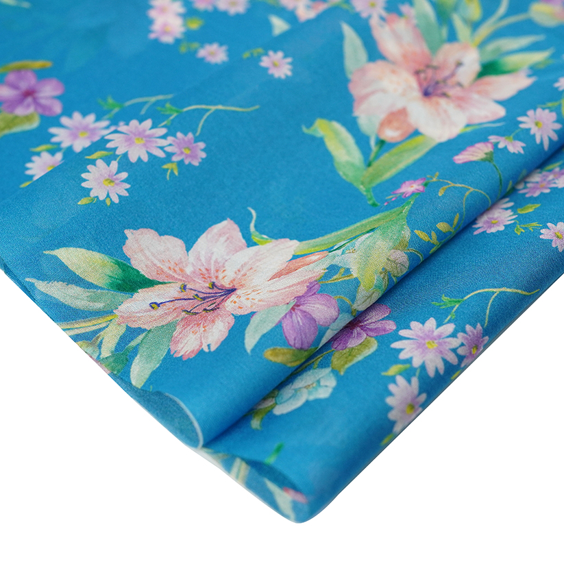 2024 Новое поступление 55% вискоза 45% искусственный креп синий цветочный принт ткань 120 D мягкая на ощупь блузка для девушек
