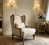 Fauteuil de loisirs classique en bois sculpté, revêtement en tissu crème, design moderne, monoplace, hauteur réglable, pour maison, bureau, bar
