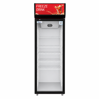 Réfrigérateur vertical de supermarché 380L à porte vitrée simple avec refroidissement par air monté sur le dessus et caisson lumineux publicitaire supérieur