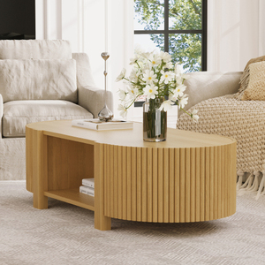 Modern Decorative Oval Fluted Coffee Table with Storage for Living Room <b>Solid</b> <b>Wood</b> 1 Shelf & 2 Open Storage Doors - Product Image 3