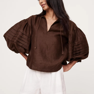 Camicetta Estiva in Lino Personalizzata per <span class=keywords><strong>Donna</strong></span>, Semplice e Oversize con Spalle Scoperte e Scollo a V, Colore <span class=keywords><strong>Marrone</strong></span> - Product Image 1