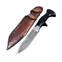 Couteau droit en acier Damas forgé, portable, pour camping en extérieur, haut de gamme, de collection, avec étui en cuir véritable, EDC, vente en gros OEM