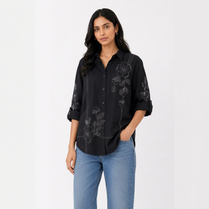 Camisa de Mujer Negra con Bordado Floral, Botones, Manga Tres Cuartos, Corte Holgado Informal, Blusa de Popelina para Todas las Temporadas - Product Image 1