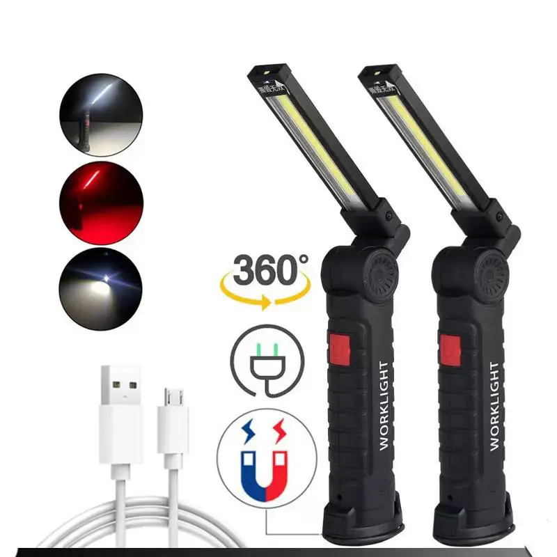 LED COB trabalho luz 360 graus girar USB recarregável anti-derrapante carro inspeção sem fio trabalhando lâmpada com ímã e gancho