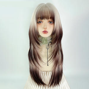 Perruque longue et droite dégradée blond platine avec frange latérale, ligne de cheveux naturelle, Lace Front, fibre Kanekalon, pour femme, tête entière - Product Image 2