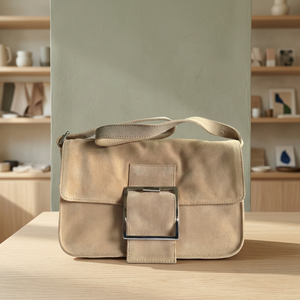 Sac à bandoulière vintage en cuir pleine fleur beige, fermeture à boucle carrée, design minimaliste, sangle unique, utilisation quotidienne toutes saisons - Product Image 3