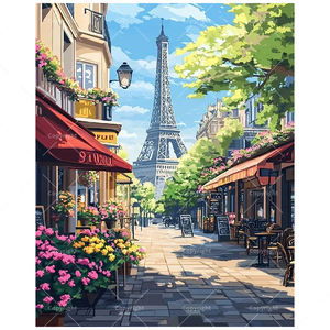 Kit de pintura por números de la Torre Eiffel para adultos-DIY <span class=keywords><strong>Paris</strong></span> <span class=keywords><strong>Café</strong></span> y flor colorida 16x20 pulgadas, regalos de Arte de viaje sin marco - Product Image 1