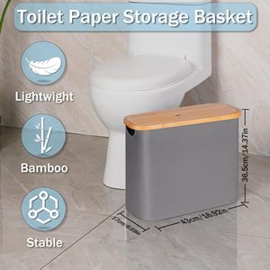 Custom Bamboo Toilet Paper Organizer for Bathroom <b>Collapsible</b> <b>Storage</b> Basket with Lid Handle - Product Image 2