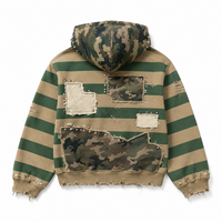 YOUMI ODM/OEM Sweat à capuche zippé pour homme, style patchwork vieilli, imprimé personnalisé, grammage lourd, effet délavé vintage, avec rivets et ourlet brut