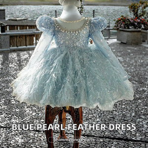 Robe de bal pour enfants, longueur genou, bleu uni, ornée de perles et de paillettes, jupe en plumes haute couture, manches longues, pour demoiselles d'honneur de mariage - Product Image 2