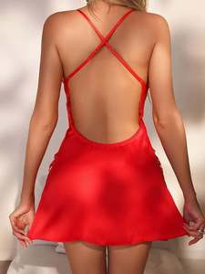 Sfy-y5122 Satin Nightdress Sexy Contrast Lace Embroidery <b>Babydoll</b> Dress Deep V Seduction Slit Chemise Dress Women's Home <b>Nightie</b> - Product Image 3