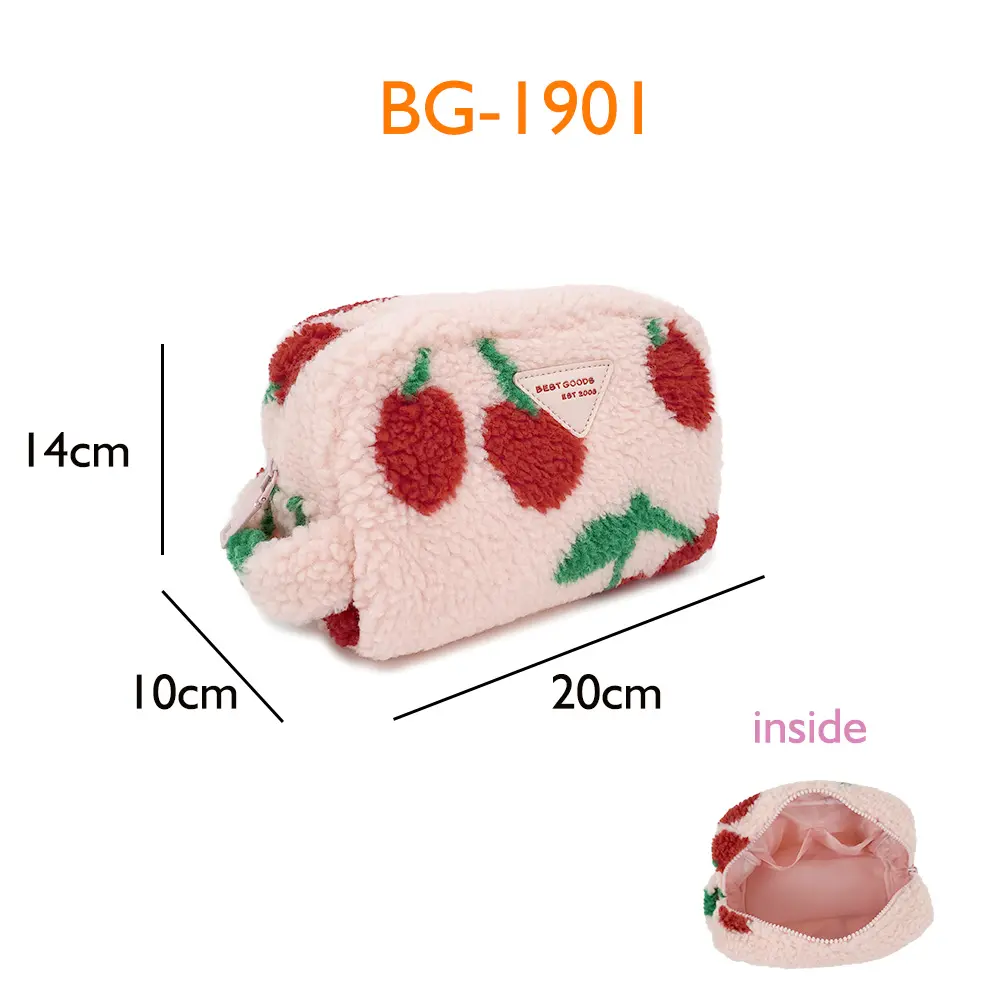 embroidery Women Cute Soft Terry Cloth Pouch Bag Pink Custom Logo Fluffy Plush Teddy Fabric Makeup Cosmetic Bag with cherry