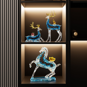Figuras de Ciervos de Cristal Auspiciosas, Par de Ciervos con Astas Doradas y Escultura Azul, para Sala de Estar, Entrada, Regalo de Inauguración de Casa - Product Image 4