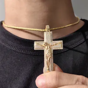 VANFI Jewelry Men 18K Gold Plated Color Big Cross Jesus Virgin Mary Necklace Pendant Accept Custom 925 Silver Material