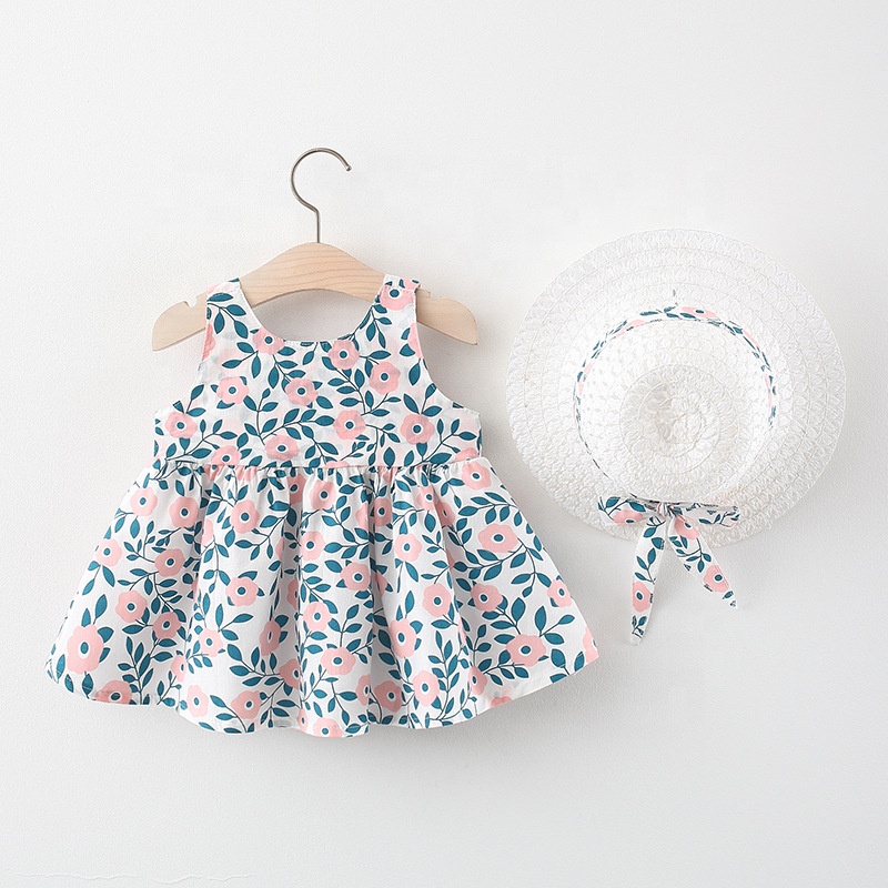 Baby Girl Dress 2021 Summer Bow Print Dress With Hat 2 Piece Baby