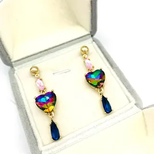 Elegant colored crystal dangle gold plated heart bead long earrings for women and girls