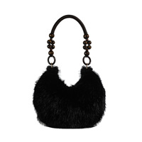 Sac à bandoulière en fausse fourrure avec poignée en perles de bois, sac à main en peluche, fermeture éclair, sangle unique, sac à main portable tendance pour le quotidien et le shopping