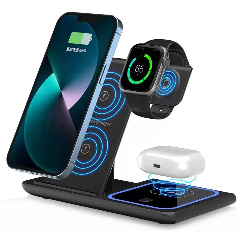 15W 3 in 1 one Foldable Portable Fast wireless Charging station dock Magnetic cell phone Qi Wireless Charger Stand for iPhone