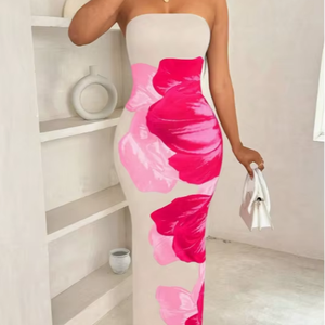 Nouvelle robe élégante et tendance pour femmes, <span class=keywords><strong>style</strong></span> ajusté, sans manches, à fleurs, épaules dénudées - Product Image 1