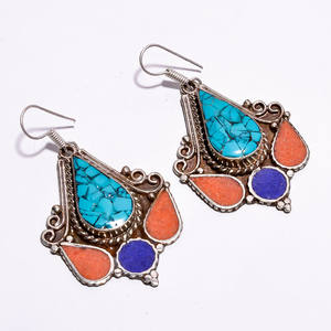 Boucles d'oreilles tibétaines pour femmes, bijoux turquoise, argent, style boho, 925 - Product Image 1