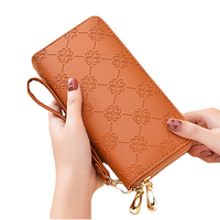 Dompet Bisnis Kulit Asli Cokelat Vintage PU Anti RFID Tahan Air dengan Ritsleting Desain Bordir Bunga Kustom