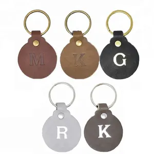 Custom Real Genuine Leather Keychain Hot Sale Leather Product Round Shape Key Chain Ring with Embossed Logo