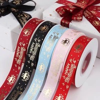 Pita Polyester 2.5CM*45Y Motif Happy Birthday, Pita Cetak Hot Stamping untuk Toko Bunga dan Hadiah