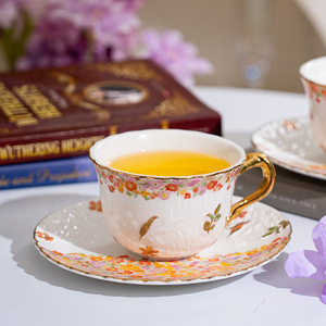 Vintage Ceramic Coffee <b>Cup</b> and Saucer - Floral Embossed <b>Gold</b> Rim Afternoon Tea <b>Cup</b> - Product Image 2