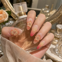 Faux ongles longs en forme de cercueil, faits à la main, sculptés en 3D, motif floral, dégradé coucher de soleil orange-rouge, réutilisables, vente en gros