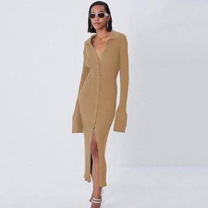 2022 primavera abito da donna lavorato a <span class=keywords><strong>maglia</strong></span> di alta qualità bottoni chiusura Slim aderente o-collo manica lunga abito maglione - Product Image 4