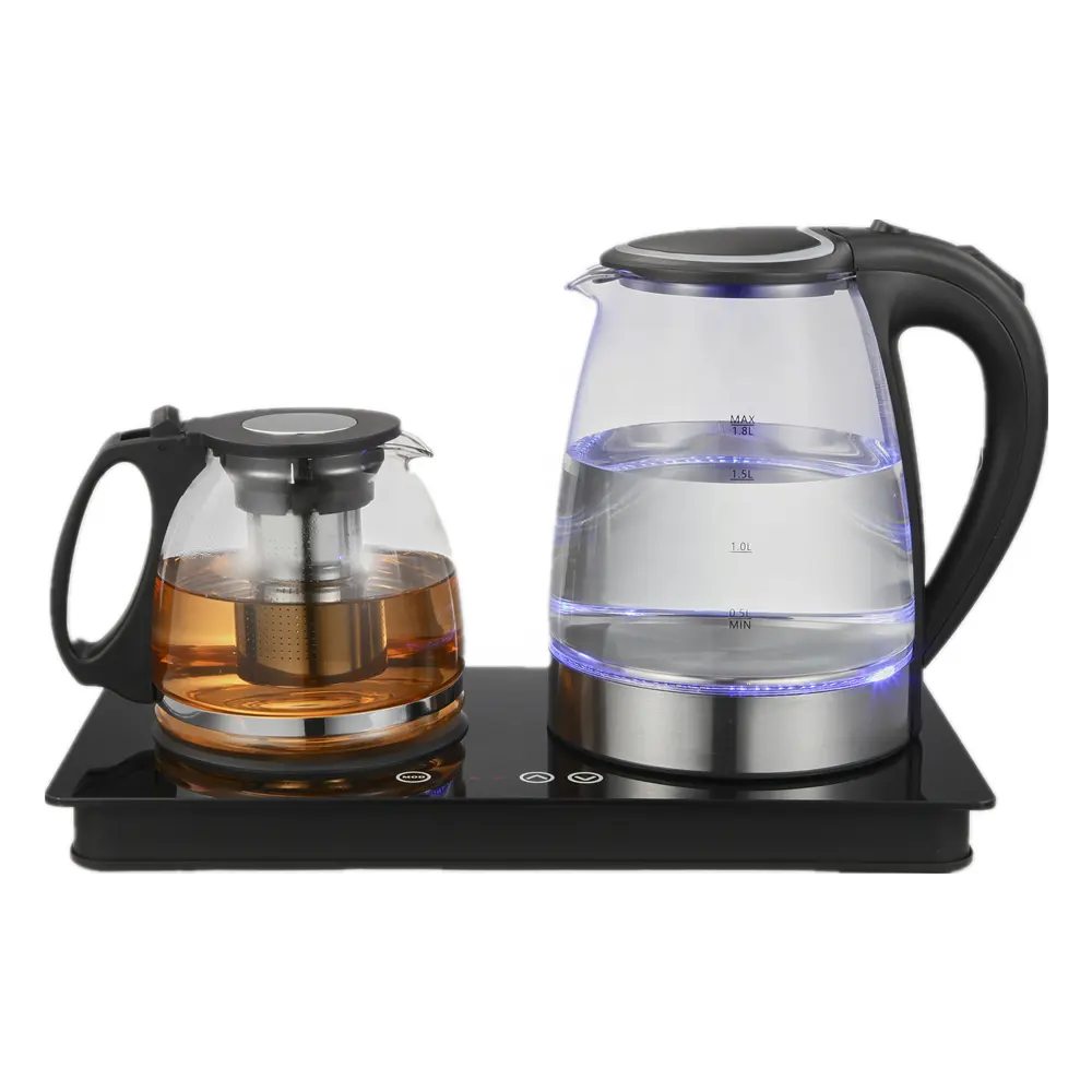 Bollitore in vetro da 1,8 litri macchina da tè con teiera in vetro da 1,2 litri bollitore elettrico vassoio da tè combinazione di teiere in vetro