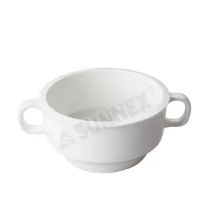 Bol à soupe en porcelaine blanche de luxe Sunnex avec poignées à double oreille pour hôtel et restaurant, bol à soupe en porcelaine de 300ml