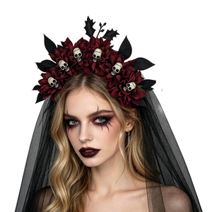 Voile noir d'Halloween avec couronne florale squelette pour déguisement funéraire, bandeaux de mariée, accessoires de cheveux gothiques pour fête - Product Image 5