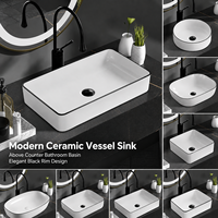 Lavabo de salle de bain moderne et minimaliste en granit blanc de luxe avec rebord noir artistique, capacité 12L, égouttoir, vasque à poser pour projets hôteliers