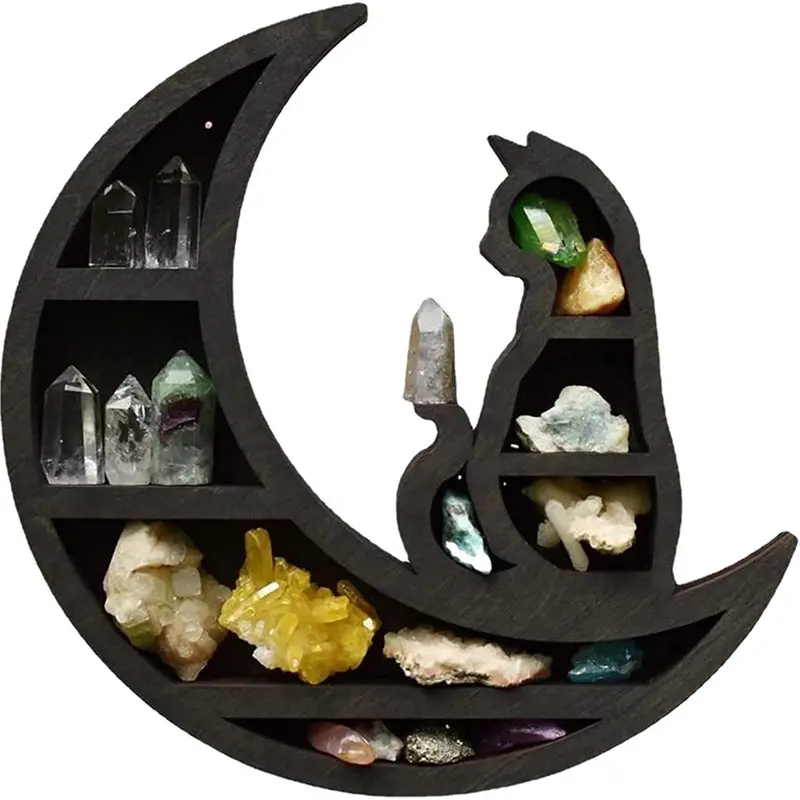 Individuelles Katzenbild auf dem Mond hölzernes Wandregal Kristallstein-Display schwimmendes Regal Meditation Wanddekoration Meditation Geschenk