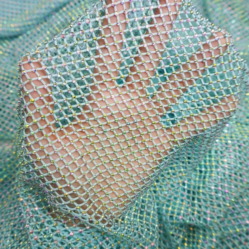 Blue Stretch Strass Rhinestone Mesh Textile SS16 Glass Clear Crystal AB Fish Net Fabric Trim for dance dress