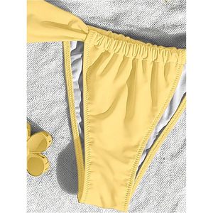 Conjunto de Bikini Halter Personalizado para Mujer, Top Triangular Amarillo, Tanga de Corte Alto, Traje de Baño Elástico de Spandex y Poliéster, Ropa de Playa - Product Image 3