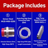 Système de capteur de proximité haute température Domenzi avec câble de 20 m pour installations à longue portée, 250°C, IP67, sortie PNP 25 mm