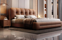 Lit double/grand lit moderne et minimaliste en cuir, avec rangement haut réglable, style crème, pour chambre principale, design italien minimaliste