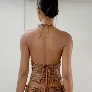 Women's Sexy <b>Sequin</b> Woven V-neck Halter Cami <b>Top</b>-<b>Mesh</b> Backless Sleeveless Summer Party Vest - Product Image 4