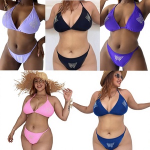 Commerce extérieur Europe États-Unis <span class=keywords><strong>Maillot</strong></span> <span class=keywords><strong>de</strong></span> <span class=keywords><strong>bain</strong></span> en mousseline ajouré à strass couleur unie grande taille ensemble <span class=keywords><strong>2</strong></span> pièces avec shorty bikini - Product Image 2