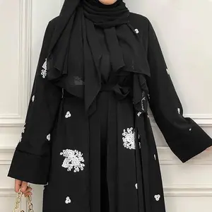 2024 New Arrival Muslim Women Dress Suit Fashion Elegant Chiffon Embroidered Clean Color Dresses Abaya For Dubai