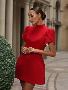 Abito da sera da donna 2025 moda moda donna rosso girocollo a vita alta abiti a trapezio Mini abito elegante con fiocco - Product Image 3