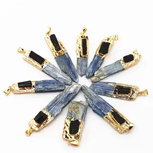 New arrivals spiritual Premium with black tourmaline raw precious stones gold plating natural blue kyanite blades pendants