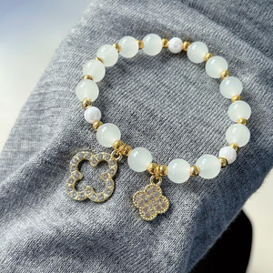Браслет Woying с бусинами «кошачий глаз», четырехлистным клевером, эластичным шнуром и жемчужным акцентом, в богемном стиле, для женщин - Product Image 2