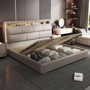 Tête de lit éclairée par LED Cadre de lit en cuir couleur personnalisable rangement intégré idéal pour la maison/hôtel - Product Image 6