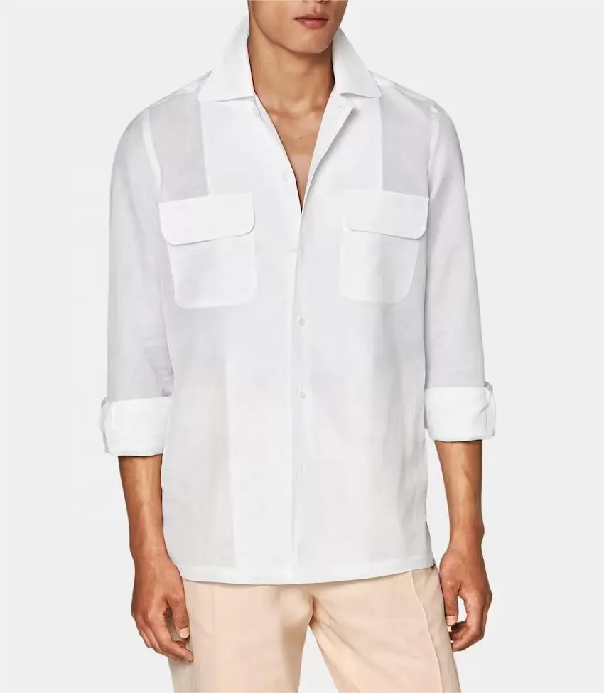 Camisa holgada de lino y algodón a la moda de alta calidad, camisas de vestir blancas de manga larga para hombre, tela informal de punto liso teñido para hombre