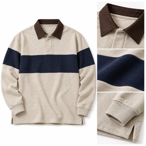 Maglia da Rugby da Uomo a Maniche Lunghe, <span class=keywords><strong>Polo</strong></span> Bicolore a Righe con Colletto a Contrasto, Stile Preppy Casual, Logo Personalizzato, Produzione all'Ingrosso con Etichetta Privata - Product Image 3