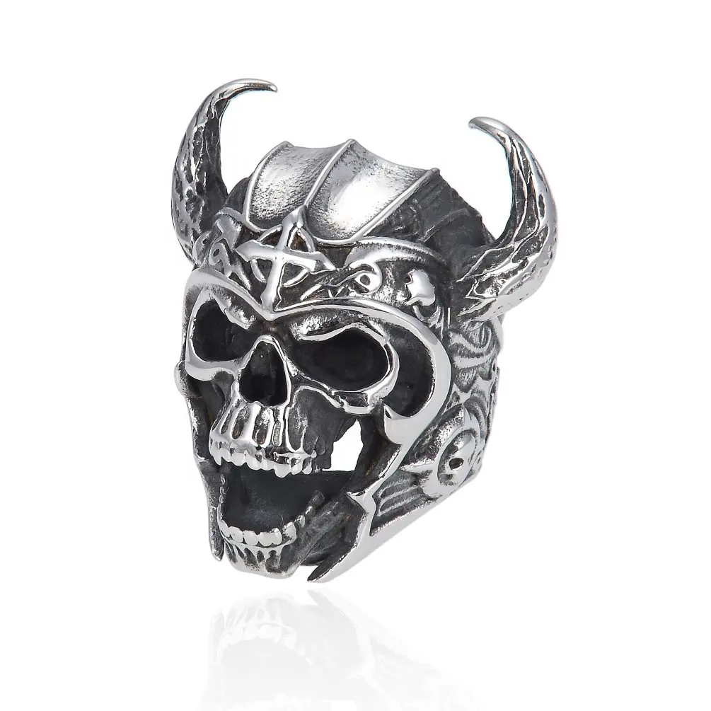 Aizhilin anillos Stainless Steel Retro Silver Huge Gothic Punk Band Head Warrior Gladiator Skeleton Skull Ring For Men