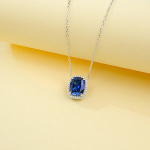 925 Sterling Silver Cushion Cut Lab Created Sapphire Pendant Necklace, Halo with Diamond Accents Fine Jewelry for Women - Product Image 2